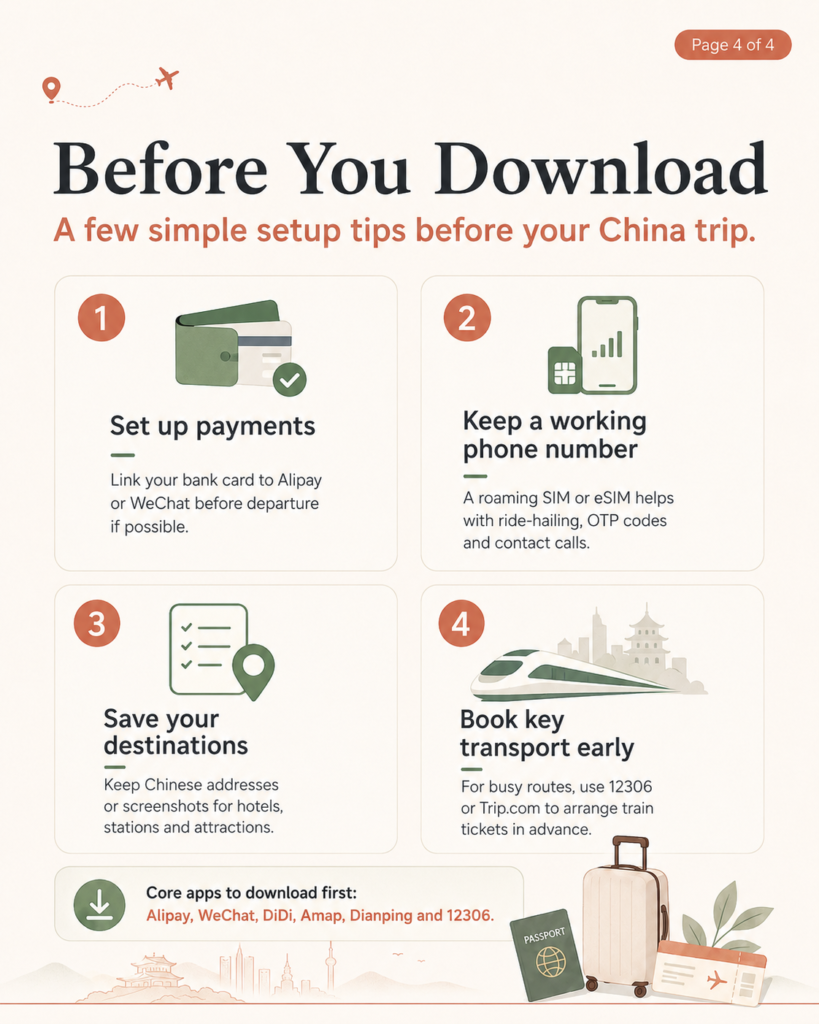 China travel app setup tips before arrival for payments phone number addresses and train tickets
