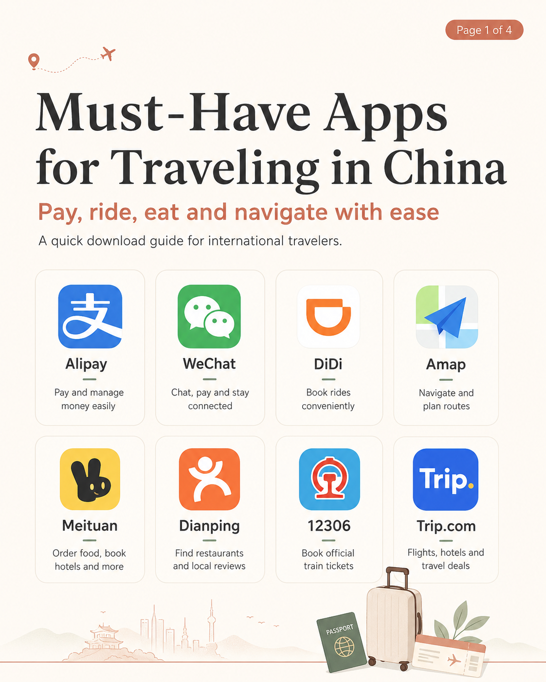 Must-have apps for traveling in China including Alipay, WeChat, DiDi, Amap, Dianping, 12306 and Trip.com