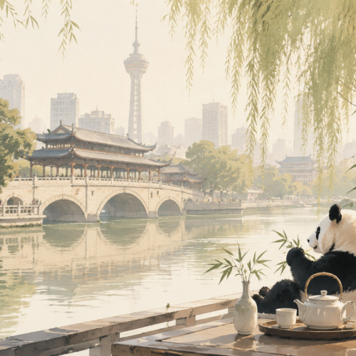 Illustrated Chengdu riverside teahouse scene with a giant panda, traditional bridge and modern city skyline