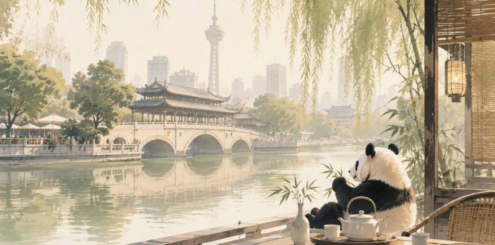 Illustrated Chengdu riverside teahouse scene with a giant panda, traditional bridge and modern city skyline