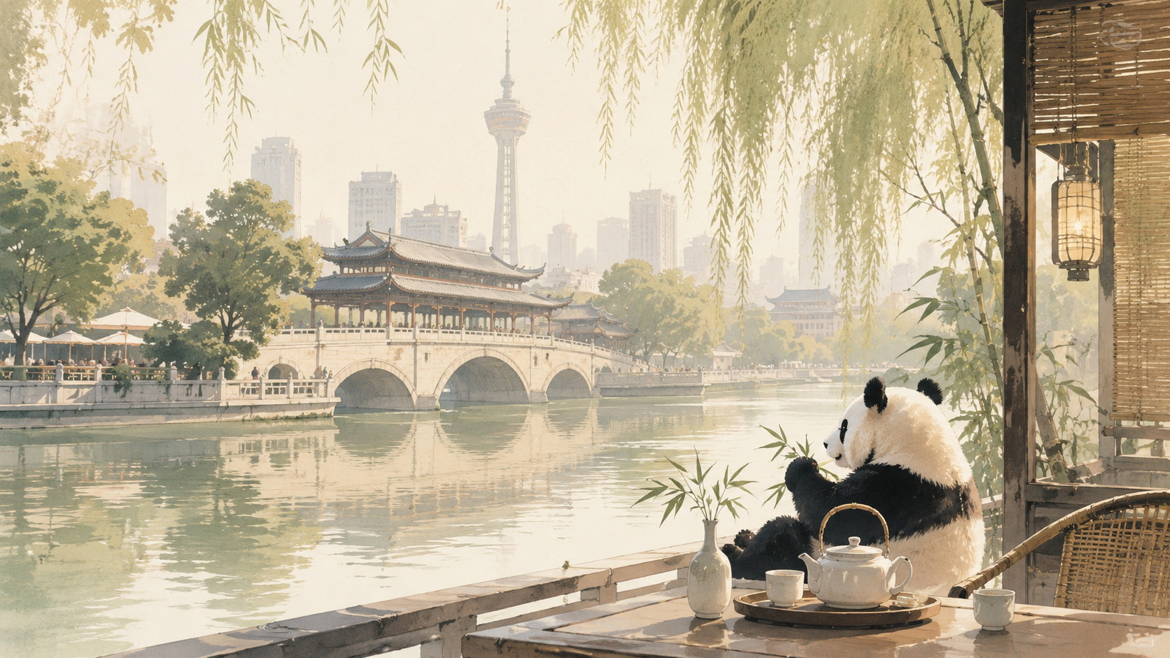 Illustrated Chengdu riverside teahouse scene with a giant panda, traditional bridge and modern city skyline