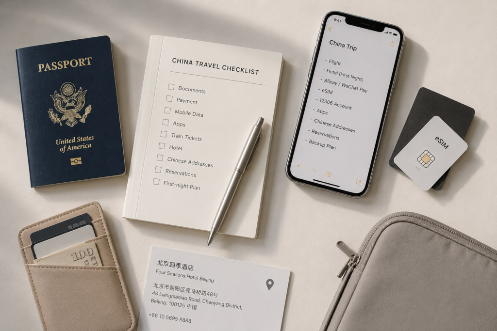 Travel essentials for a first trip to China, including a passport, phone, eSIM, cash and a travel checklist