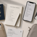 China travel checklist with passport, mobile phone, payment cards and eSIM