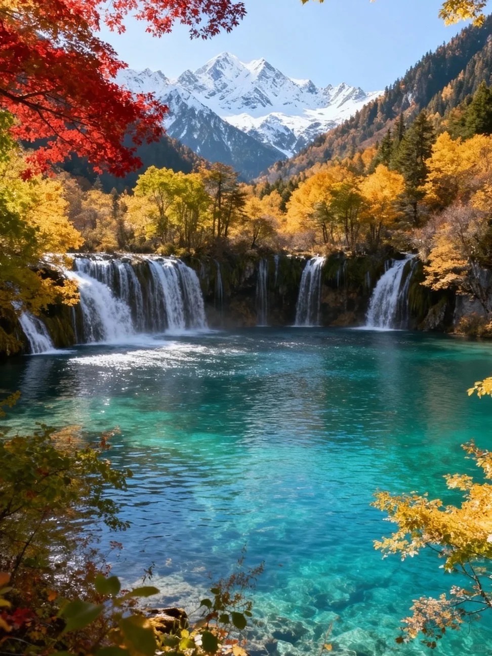 Jiuzhaigou Valley with turquoise lakes and autumn forests in Sichuan, China
