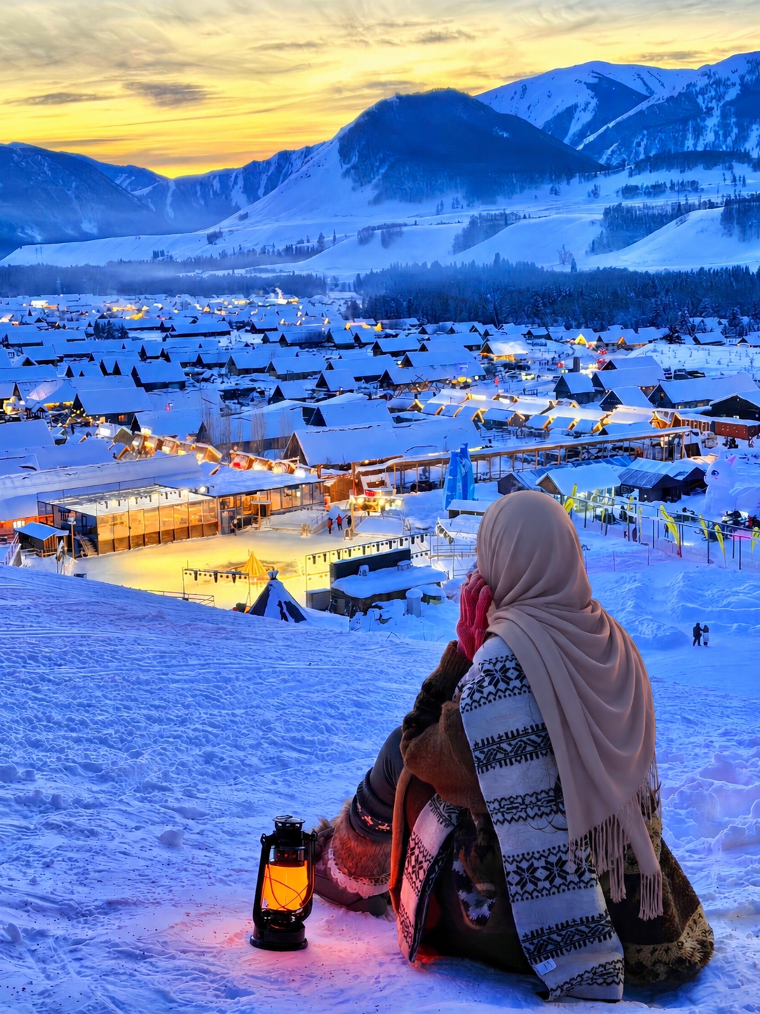 Woman wearing a hijab overlooking a snow-covered mountain village at sunset in China